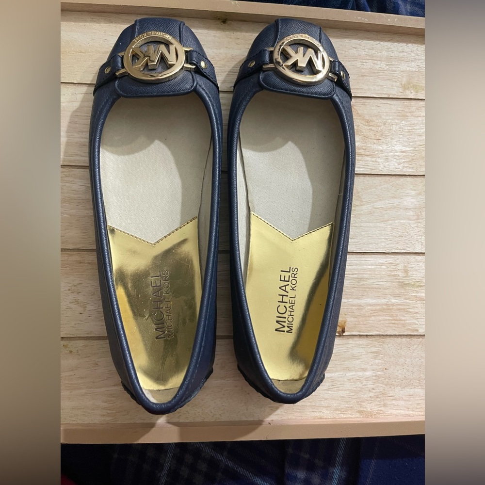 Michael Kors, black ballet, flat gold toe emblem, size 6.5 women’s PUC
